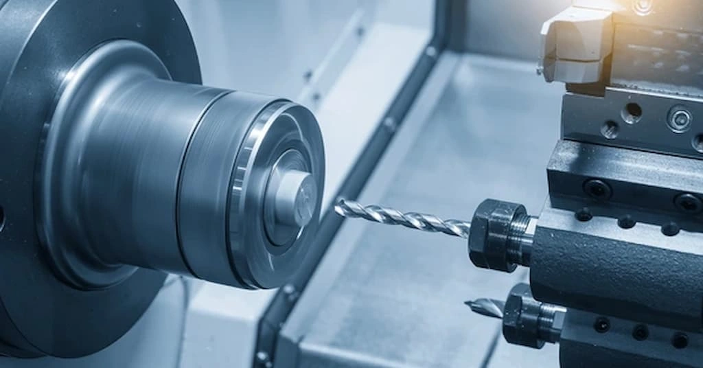 An image showing a drill bit is ready to create a hole in a cylindrical shaft 