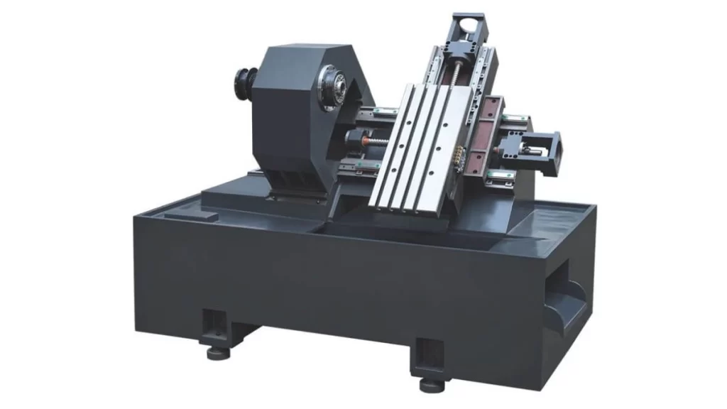 The image shows a Lathe turning machine with an idle workpiece, showcasing the machine's structure, including the spindle, cutting tool, and bed.