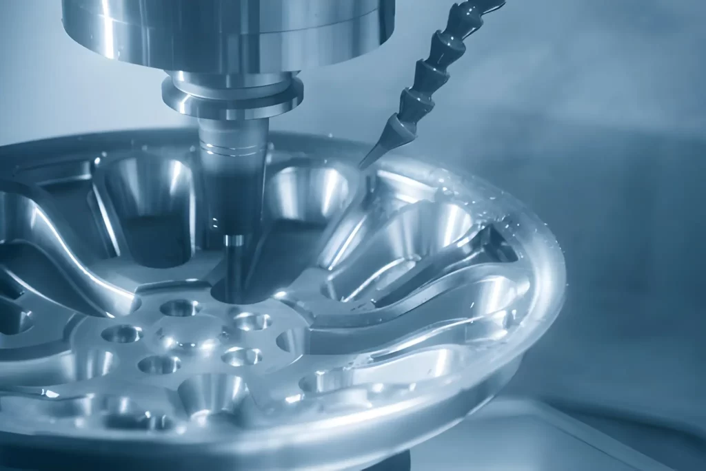 5-axis machining center cutting the magnesium alloy wheel parts with solid ball endmill tool