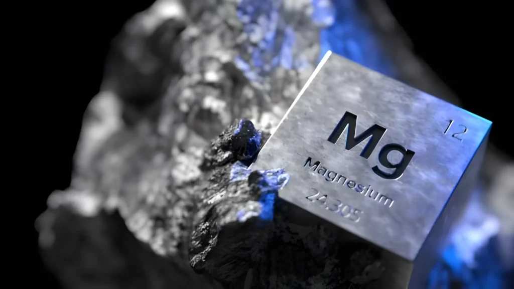 An image of a magnesium Ore and block with mentioned atomic number