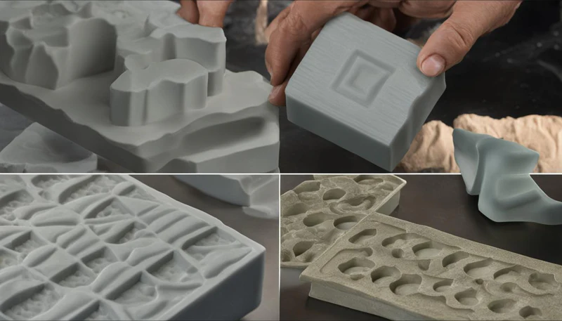 Different types of silicone and resin molds with detailed patterns and shapes, demonstrating mold-making techniques.