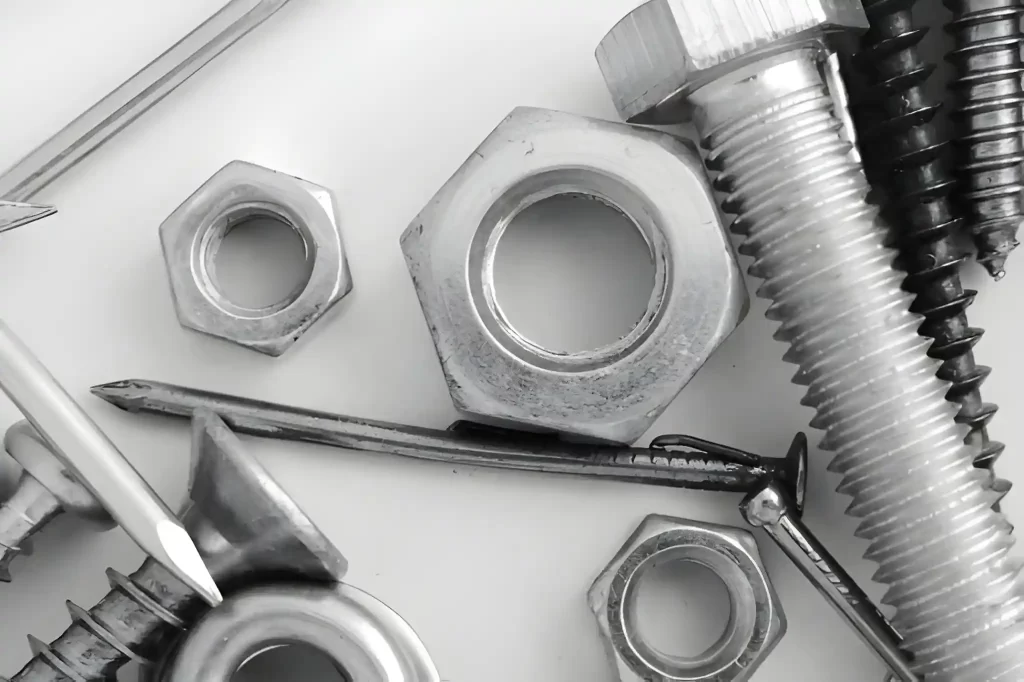 A close-up view of assorted nuts, nails, bolts, and screws.