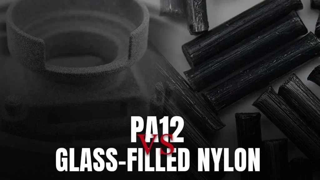 A split image showing a gray PA12 vs. Glass-Filled Nylon.