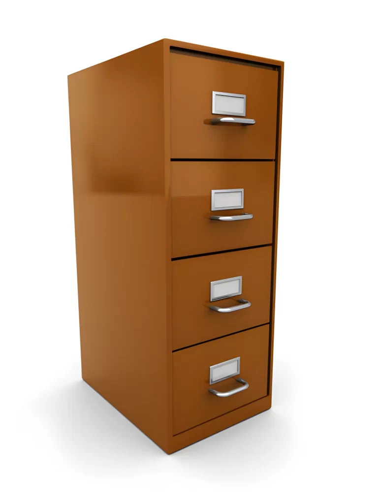 A painted metal cabinet with a smooth, glossy brown finish.