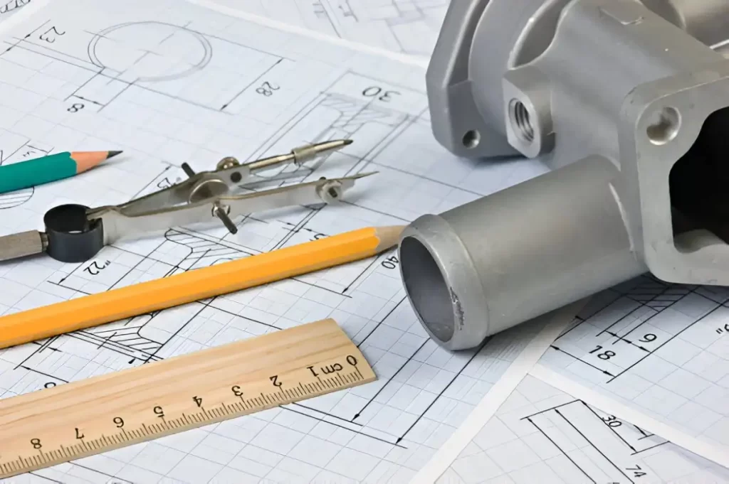 A metal part is placed on an engineering drawing sheet with measuring tools and pencils pointing to its dimensions. 