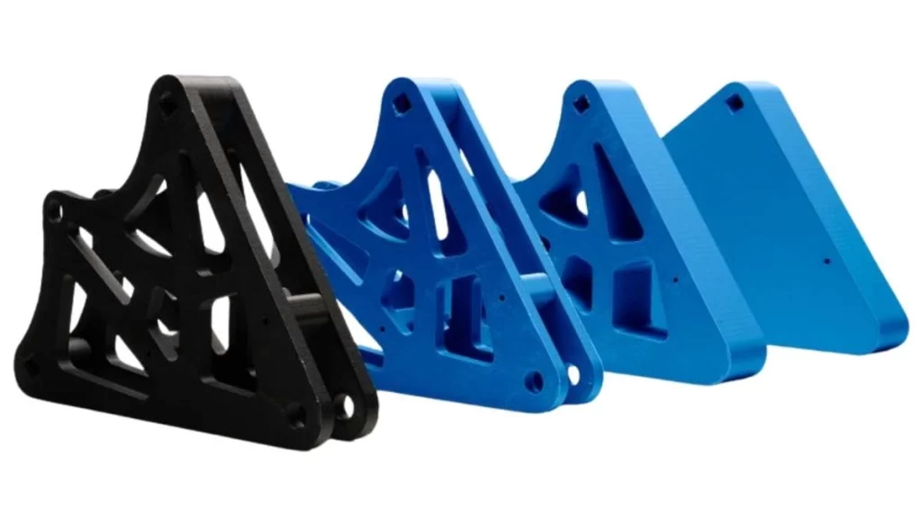 PLA 3D printed products in blue and black variations, displayed