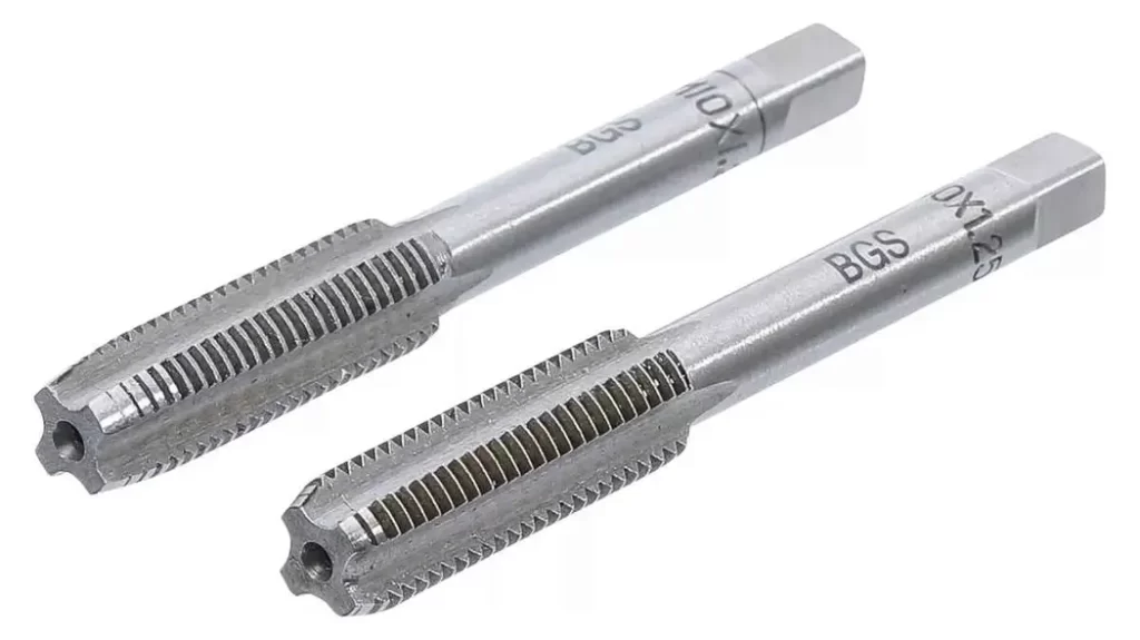 A pair of plug taps are shown up close, with their threads visible and labelled dimensions.