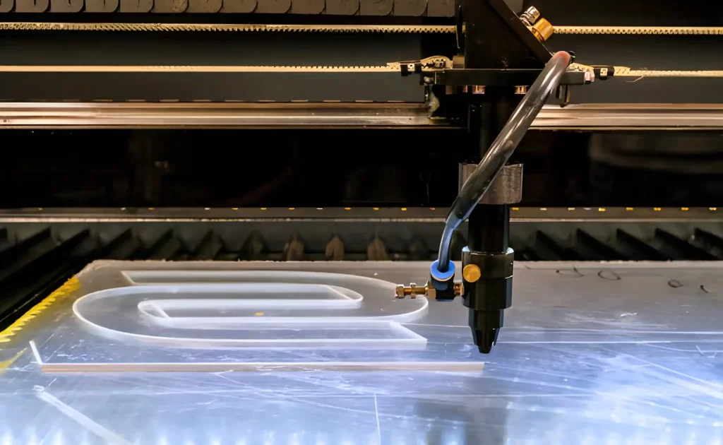 Laser cutting a polyethylene plastic sheet.