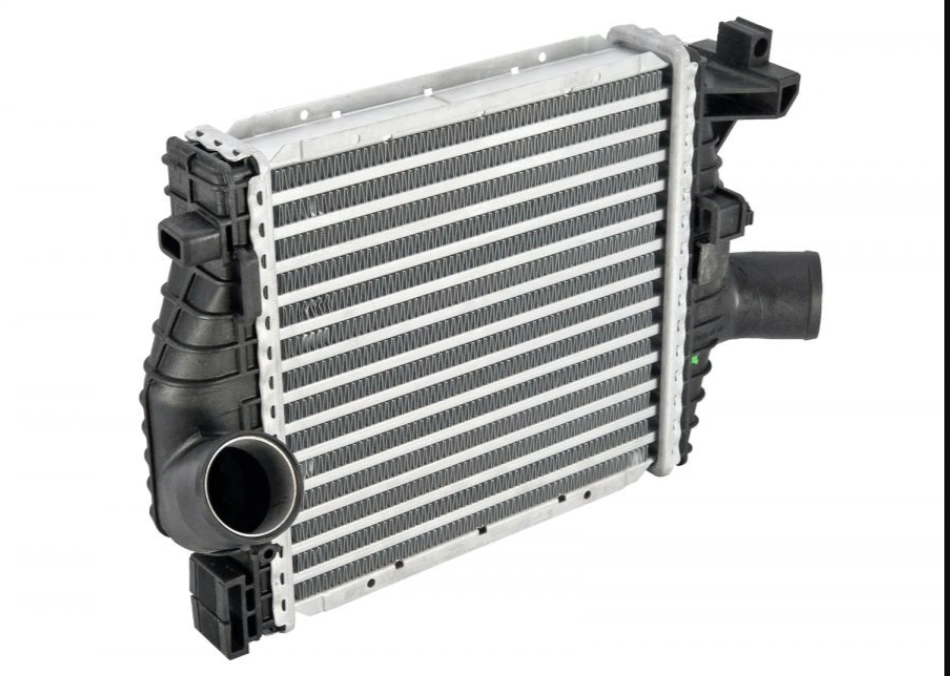 Automotive radiator with aluminum fins and plastic end tanks showing coolant inlet and outlet connections