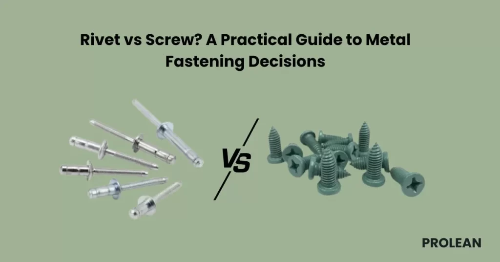 A feature image with rivets and screws in comparison with text “Rivet vs Screw? A Practical Guide to Metal Fastening Decisions” and “Prolean” in the corner. 