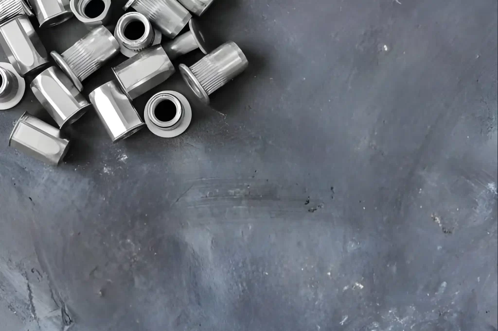 Several self-clinching nuts displayed together on a plain surface.