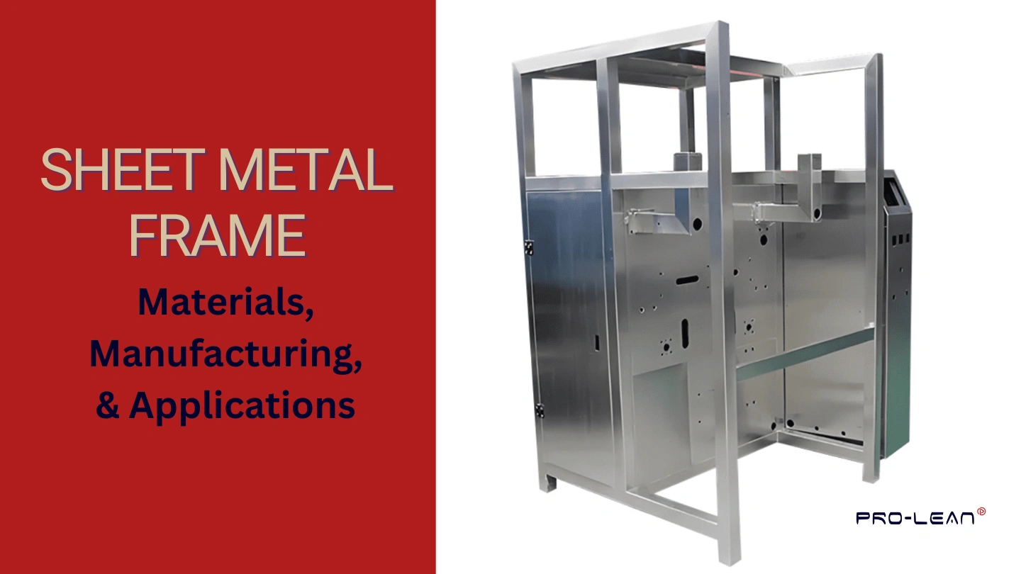 Sheet metal frame with text overlay about materials, manufacturing, and applications