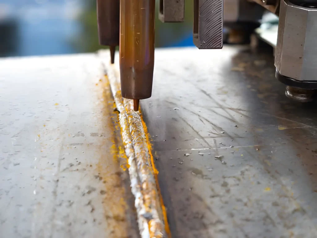 A close-up view of sheet metal welding with visible molten seams.