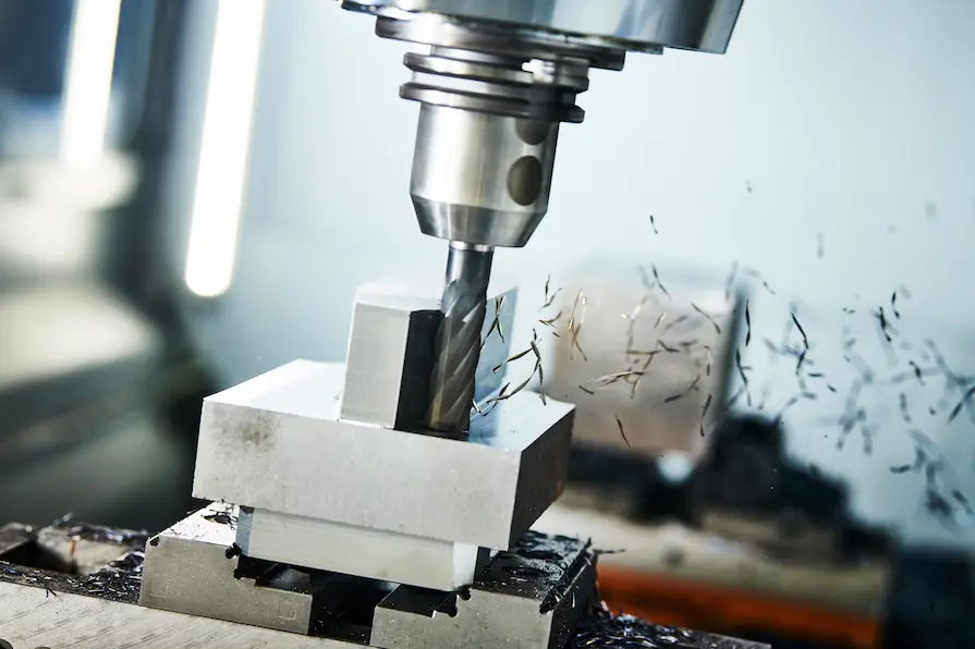 CNC milling machine cutting a metal block with a rotating end mill tool, producing sharp metal shavings during the soulder milling process. 