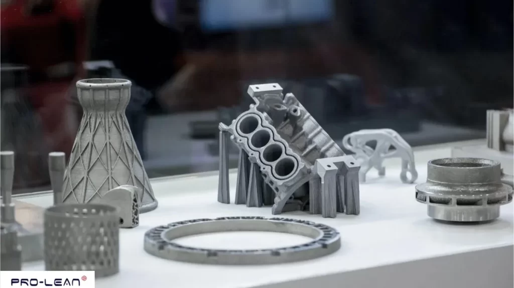Various metal components, including a 3D printed engine block.