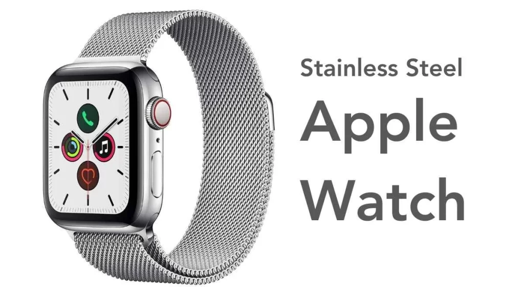 A stainless steel Apple Watch with a sleek, polished silver strap and rectangular display, showcasing its modern design.