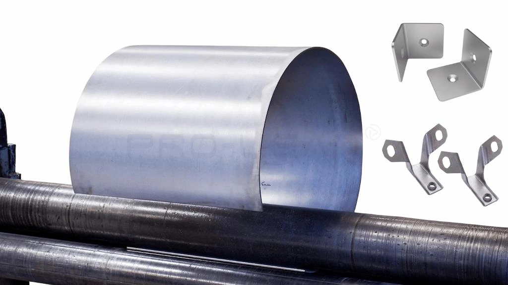 An image of a raw stainless steel sheet bending on rollers and formed parts on the right.