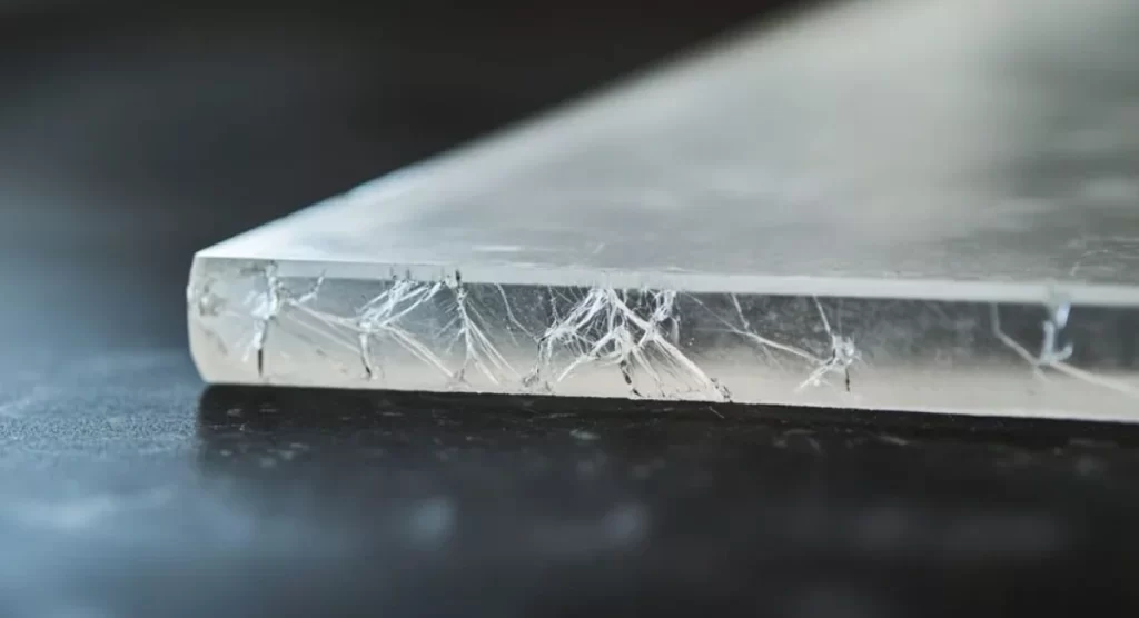 Close-up view of clear acrylic sheet edge showing stress cracking formation patterns.