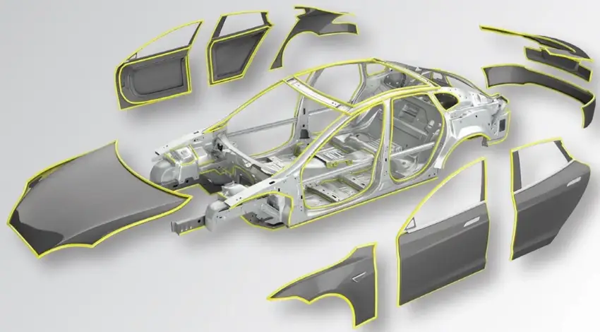 Car body frame at center with surrounding exterior panels showing lines for adhesive bonding placement