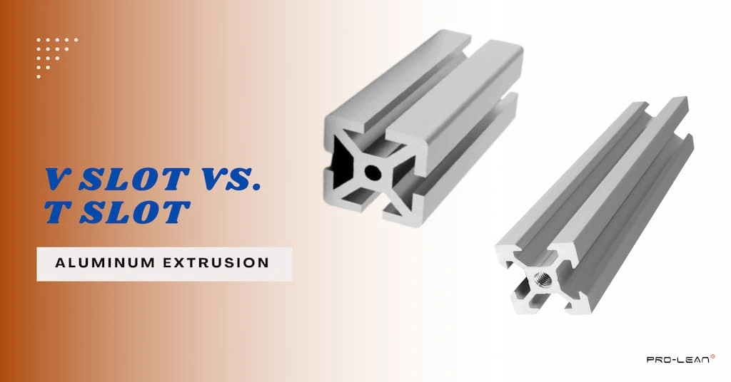 Feature image with text“ V Slot Vs T slot” showing cross section view of T & V shaped extruded profiles
