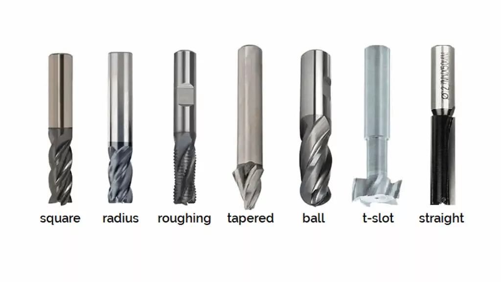 Different types of end milling tools, including square, radius, roughing, tapered, ball, t-slot, and straight cutters.