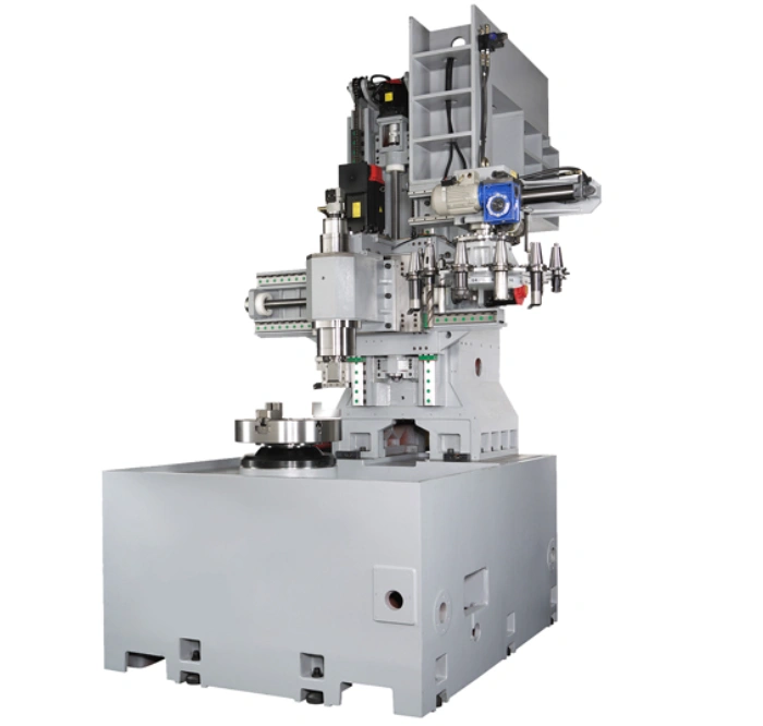 Industrial CNC vertical turning lathe machine with automated tool changer and spindle head