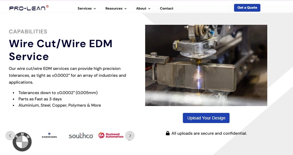An image showcasing Prolean Tech's wire cut services, highlighting precision tolerances and a wide range of material options