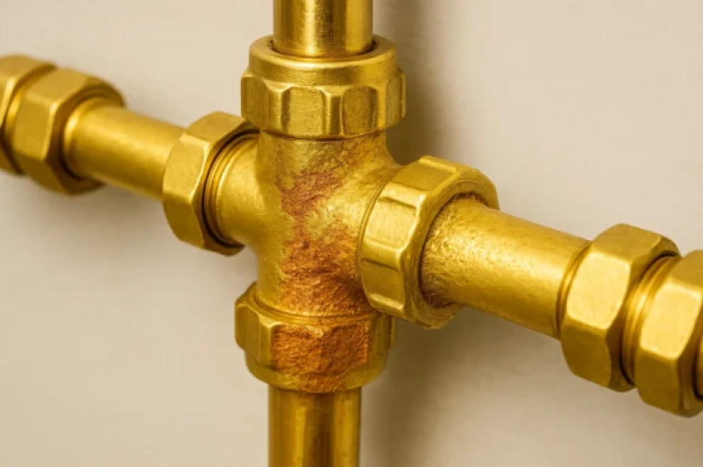 Corroded yellow brass plumbing joint exhibiting red patches due to dezincification 